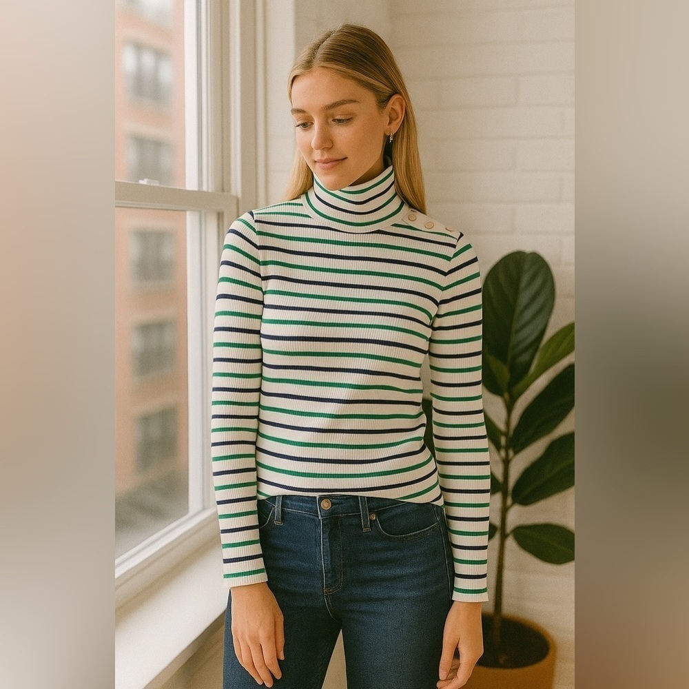 J. Crew Vintage Ribbed Striped Green Blue White Turtleneck with Buttons Size XS
